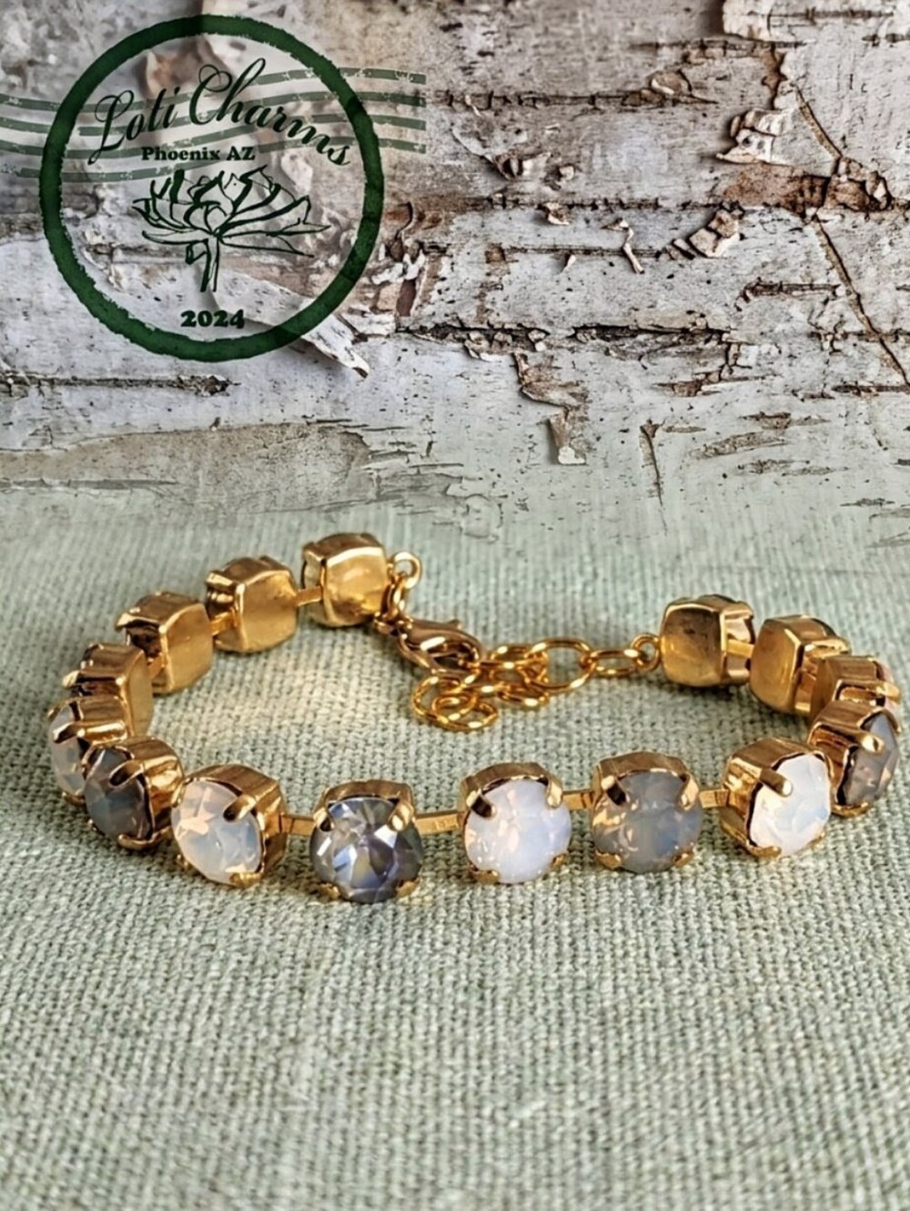 Halcyon Gray and White Opal  Swarovski Crystal Tennis Bracelet In Gold Plated